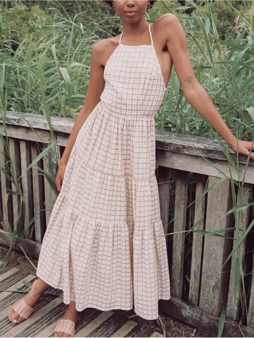 Christy Dawn Beige and Cream Check Maxi Sundress